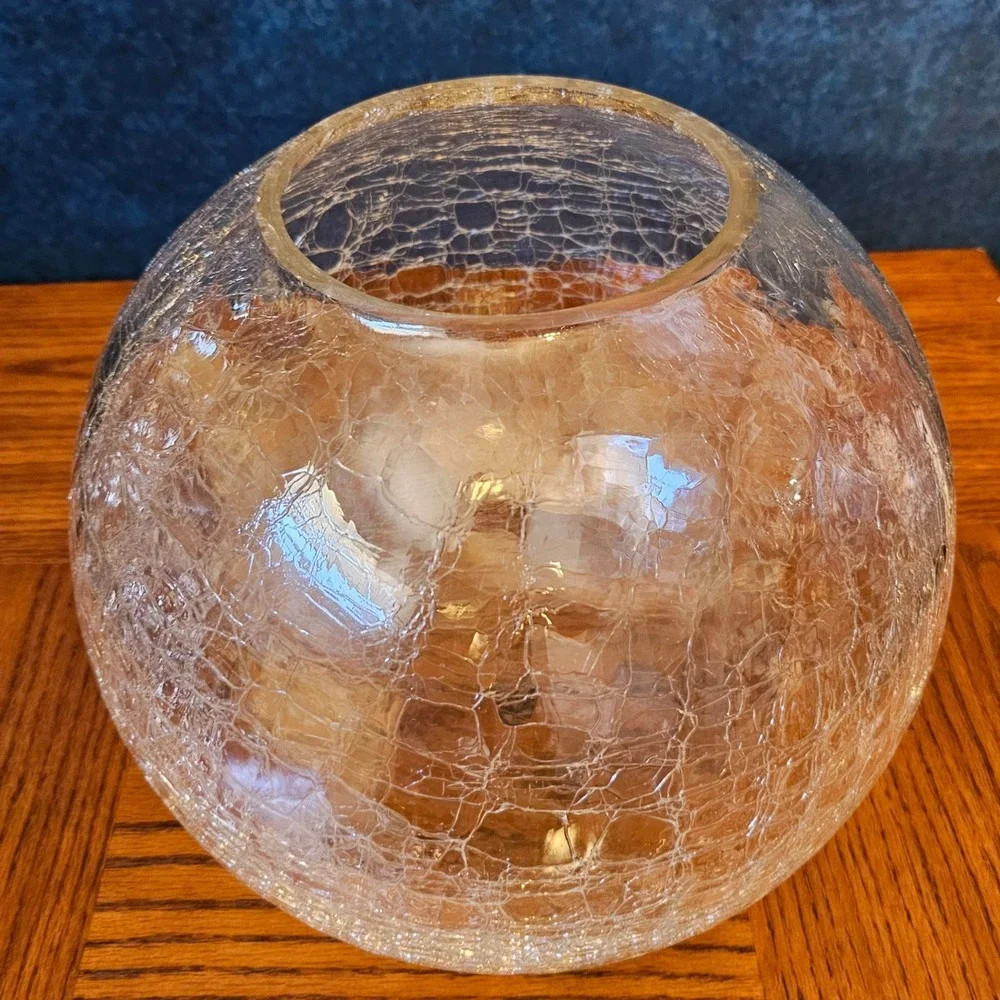 Vintage Handcrafted Clear Crackle Glass Rose Bowl Vase 12 inch Round Centerpiece